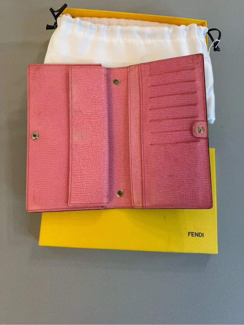 Fendi Wallet Brown FF Monogram Zucca Coated Canvas Pink Interior Box Dust Bag